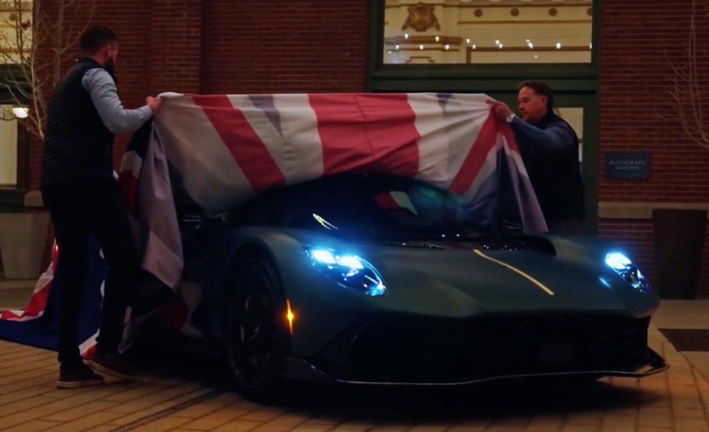 Aston Martin Valhalla unveiled under a Union Jack at night